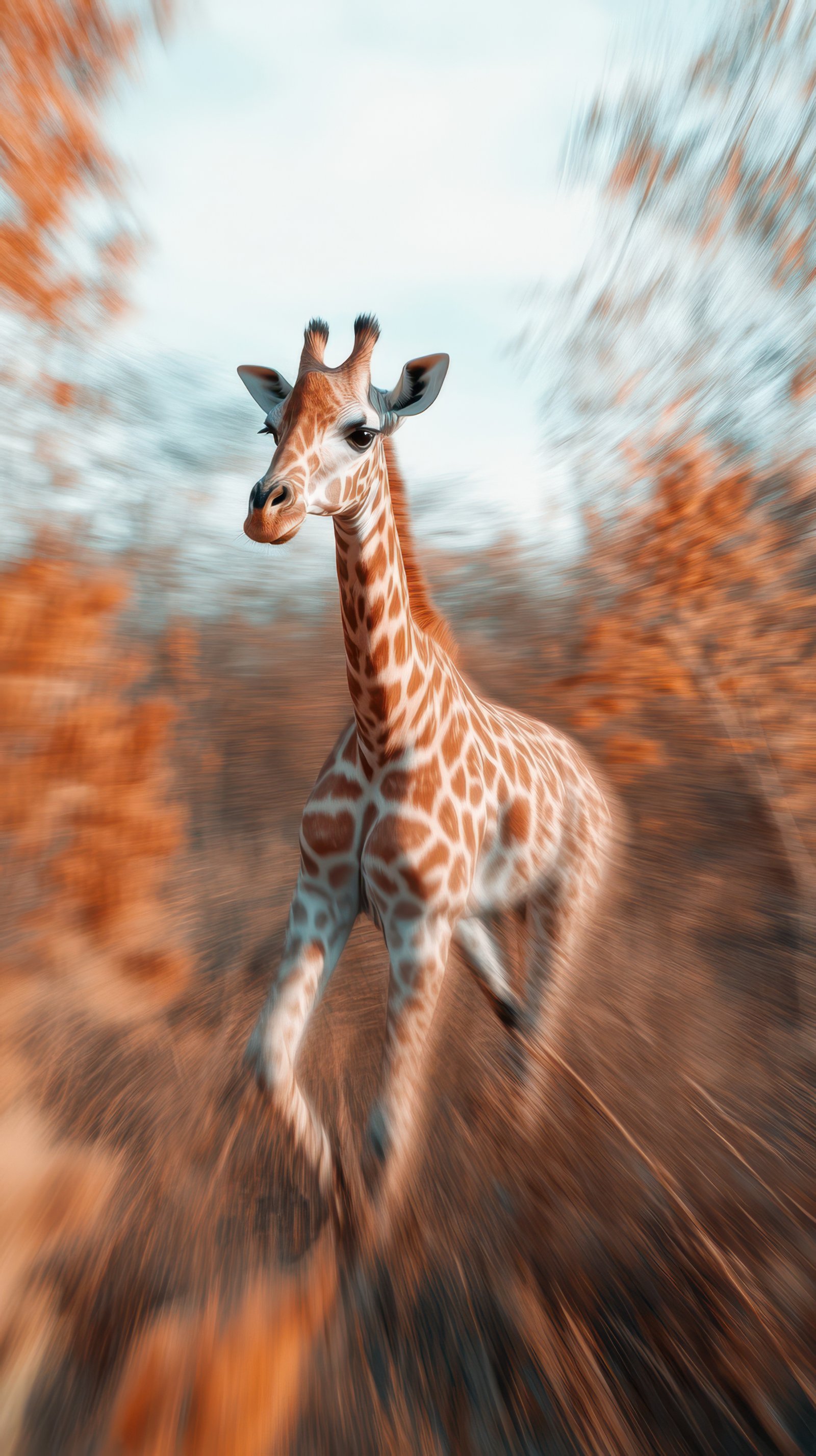 Giraffe running through orange foliage in a vibrant landscape during daylight hours
